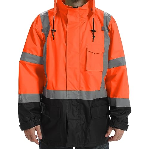Image of Reflective Rain jackets for men waterproof,Hi Vis Safety Coat With Reflective Strips，High Visibility Class 3 Rain jackets With 2 large pockets，Zipper,Black Bottom Orange,4XL /5XL