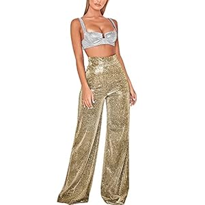 LAEMILIA Dames Metallic Sparkly Wijde Pijpen Broek Pailletten Hoge Taille Bell Bottoms Flare Broek Clubwear