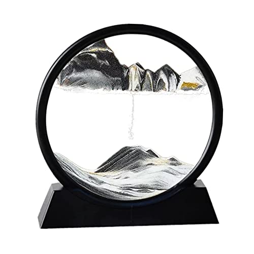Arthink Moving Sand Art Picture in Motion Round Glass 3D Deep Sea Landscape, Dynamic Sand Art Sandscapes, Sensory Relaxing Desktop Table Decor Desk Decor Art Desk (7 inch, Black)