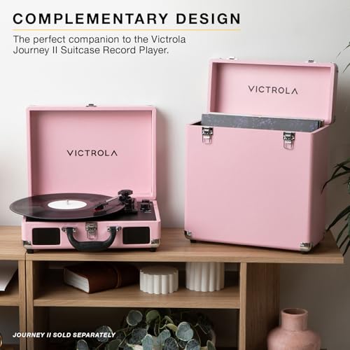 Image of Victrola Collector II - Vinyl Record Storage Case, Holds 30+ LPs - Pink | Vinyl record storage case, holds 30+ 12 inch LPs or 15+ gatefolds, two latching clasps, carry handle, soft-lined interior