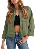 Tankaneo Women Casual Cropped Jackets Zip Up Lightweight Military Safari Short Utility Coat with Pockets