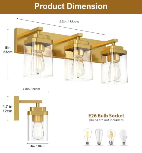 Image of Brushed Gold Bathroom Light Fixtures, 3 Lights Bathroom Lighting Fixtures Over Mirror, Square Design & Rectangle Large Backplate, Modern Vanity Lighting Fixtures, for Living Room /Bedroom
