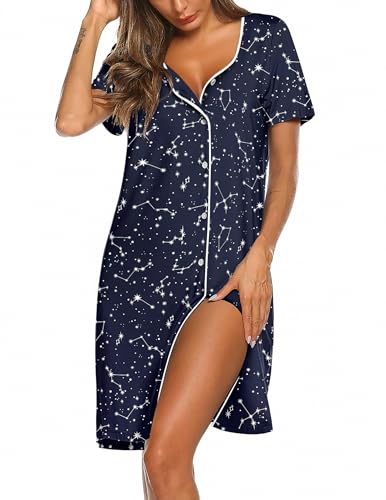 Image of Ekouaer Women's Nightgown Button Down Nightshirt Short Sleeve Sleepshirt Soft V Neck Sleepwear Pajama Dress