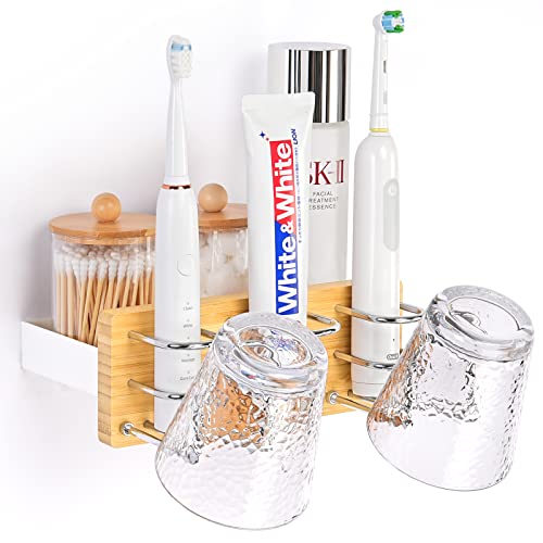 Roledes Bamboo Toothbrush Holders Wall Mounted For Bathrooms, Electric Toothbrush And Toothpaste Holder, Wall Organizer Over Counter For Cups, Hairbrushs, Razor, Facial Cleanser (3 Slots) #TOP25