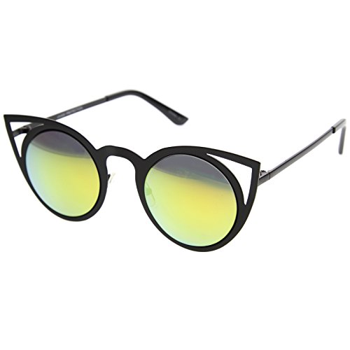 zeroUV Womens Fashion Round Metal Cut-Out Flash Mirror Lens Cat Eye Sunglasses2