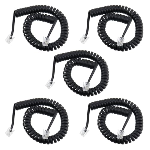 Cable de teléfono RJ9 RJ10 4P4C en espiral negro de 1 a 6.5 pies paquete de 5 unidades
