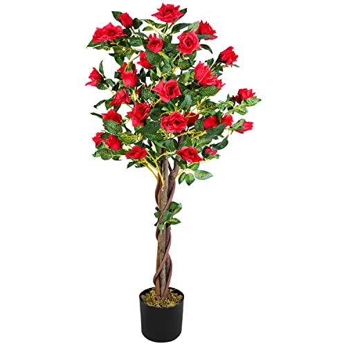 Decovego Rosier Rose Plante Artificiel Artificielle avec Floraisons Rouge 120cm Bois Naturelles