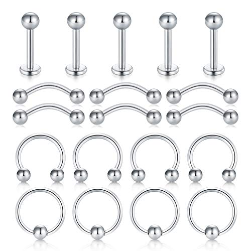 LAURITAMI 16G Stainless Steel Tragus Earring Horseshoe Barbell Forward Helix Hoop Cartilage Earring Captive Bead Ring Lip Rings Labret Stud Eyebrow Ring Rook Daith Piercing Jewelry Kit