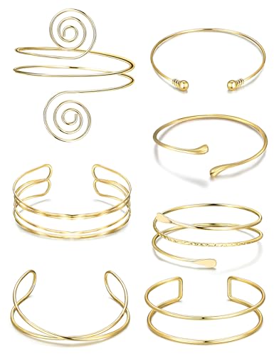 7 Pcs Arm Cuff Jewelry for Women Gold Upper Arm Bracelet Bangle Band Armlet Adjustable Armband Set