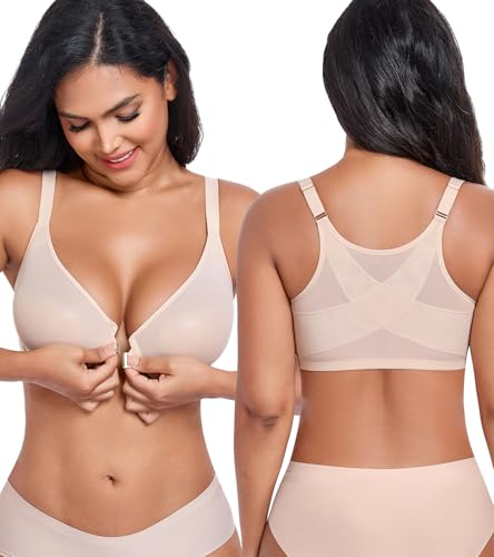 DotVol Sujetador de Encaje Transpirable Corrector de Postura Cierre Delantero con Aros Escote Profundo Beige,100E
