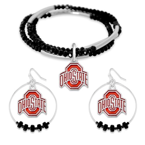 Jenkins Enterprises Ohio State Buckeyes Jewelry Set Silver Tone Bracelet & Hoop Earrings Iridescent Team Logo Charms NCAA Licensed Jewelry Gift Set for Women & Fans Lightweight & Stylish