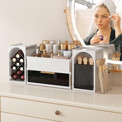 DINMPB Large Makeup Organizer for Vanity with Brush Holder and Lipstick Display Stand, Countertop Cosmetic Storage with Drawer for Skincare, Nail Polish, Perfume and Eyeshadow Palettes