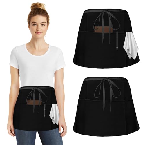 TDUNSYA 2 Piezas Delantal Corto de Cocina,Delantal de Camarero con 3 Bolsillos,Unisex Antimanchas Impermeable Negro,para Cocinar Restaurante Jardín Bar Chef
