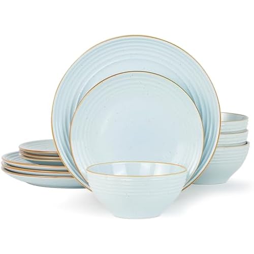 Famiware Jupiter Plates and Bowls Sets with Rim, Stoneware Dinnerware for 4