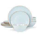 Famiware Jupiter 12-Piece Stoneware Dinnerware Set, Handcrafted Plates and Bowls with Speckles & Embossed Swirls, Chip/Scratch Resistant, Microwave/Dishwasher Safe, Modern Dishes, Service for 4, Blue