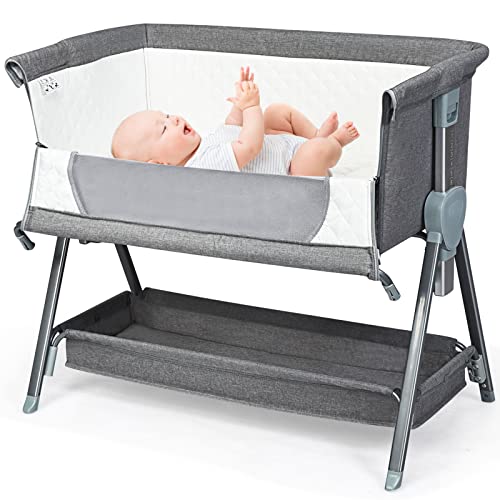 GOPLUS Berceau Cododo à Roulette Réglable en 6 Hauteurs avec Fermeture Éclaire et Ceinture de Sécurité, Lit de Bébé avec Matelas et Panier de Rangement, pour 0-6 Mois, Charge Max 15KG, Gris Clair Cover