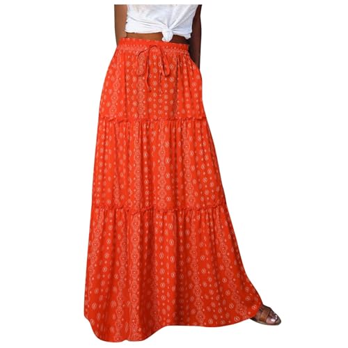 AMhomely Maxi Skirts for Women UK Elasticated Waist Bohemian Maxi Long Skirts Ladies Summer Casual Boho Skirt UK Vintage Floral Print Ruched Ruffles Beach Skirt