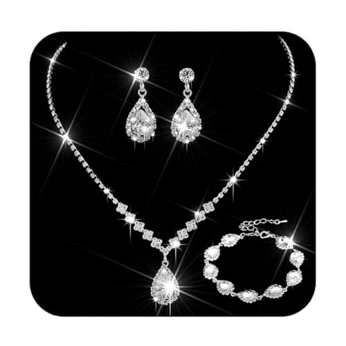 Unicra Rhinestone Necklace Earrings Bracelet Set Silver Bridal Wedding Jewelry Sets Prom Costume Jewelry Set for Women and Brides (D-3 Pack Silver Necklace Bracelet Earrings)