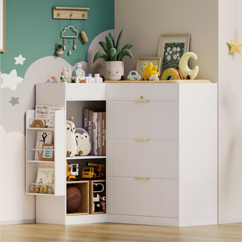 Nursery Changing Table Dresser,Diaper Changing Table with Storage,Corner Baby Dressing