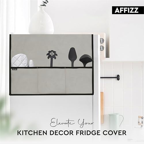 Image of Fridge Cover Top for Double Door Refrigerator - Washable, Water-Resistant Polyester Refrigerator Cover Top with 6 Side Pockets for Kitchen Accessories, Dustproof (Grey)