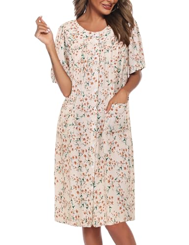 Image of COSUNIONY House Dresses for Women Cotton Short Sleeve House Coat Buttons Down Dusters Robe with Pockets S-XXL