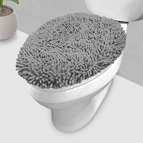 LuxUrux Toilet Lid Cover, Extra-Soft Plush Seat Washable Shaggy Microfiber Standard Toilet Lid Covers for Bathroom Machine Wash & Dry. (18 x 21 inches, Light Grey)