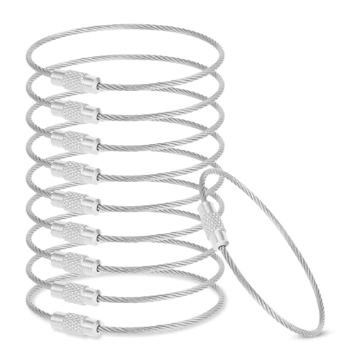 Prasacco 10 anelli portachiavi con corda metallica, 15 x 0.15 cm, in acciaio inox, morbido portachiavi con chiusura a vite, portachiavi multifunzione per bagagli, chiavi, ciondolo, Colore acciaio INOX