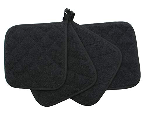Cotton Pot Holders Cotton Made Machine Washable Heat Resistant Everyday Kitchen Basic Terry Pot Holder, Hot Pads, Trivet For Cooking And Baking Set Of 4 (Black) #TOP2