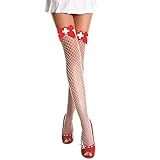 MUSIC LEGS Women's Cross and Satin Bow Nurse Diamond Net Thigh High Tights, White/Red, One Size