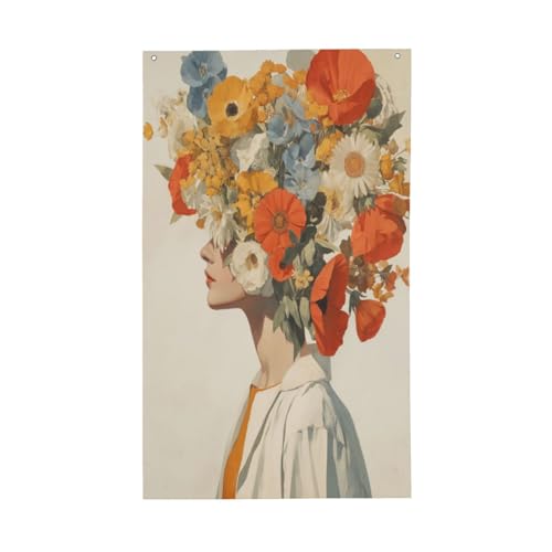 Vintage Woman Head Of Flowers Yard House Flags,3x5 Ft Season Greeting Banner With Grommets Indoor Outdoor Party Home Decorations