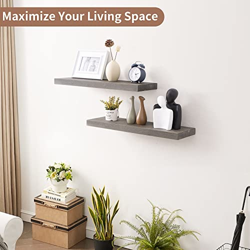 Image of Floating Shelves for Wall, 24in Reclaimed Elm Wood Shelves, Grey, 2PCs | 8in Deepth Rustic Solid Elm Wood Shelves for Storage, Wall Display Shelving, Invisible Metal Bracket