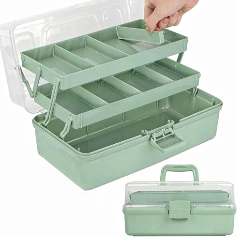 Aquafix ツールボックス 大容量 三段折り畳み式 工具箱 多機能 収納ボックス 半透明 180度オープン 雑貨収納 取っ手付き 小物入れ 家用 車用（グリーン）
