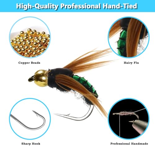 Image of Fly Fishing Flies Assortment Kit, 16 Pcs Hand-Tied Dry Wet Fly Fishing Lures, Nymphs, Streamers, Terrestrials for Trout Bass Sunfish, Pike with Fly Box
