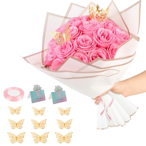 iMXPW Glitter Roses Bouquet 24 Roses DIY Fake Glitter Flowers Bouquet Everlasting Shiny Artificial Red Rose Bouquet for Mothers Day Gifts Anniversary Engagement Wedding (Pink)
