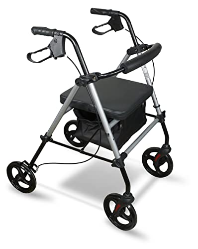 Aidapt Rollator 4 Wheel with Seat,Lightweight,Padded Backrest,Height Adjustable,Ergonomic Handle Brakes,Shopping Bag,8 Puncture Proof Wheels,Folding,Elderly Mobility Aid,NO Tools Required