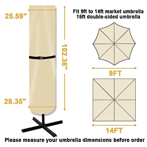 POYEE Umbrella Cover, 420D Waterproof Outdoor Patio Umbrella Cover for 9ft to 14ft Market Umbrella or 15ft Double-Sided Umbrella, Beige