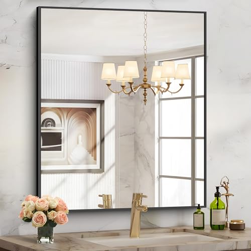 Image of COFENY Black Bathroom Mirror for Wall, 30x36 Inch Rectangle With Metal Frame, Modern Vanity for Bathroom Living Room, Entryway Hangs Horizontal or Vertical