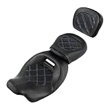 XFMT Motorcycle Low Profile Two-Piece 2-Up Driver Passenger Seat W/Sissy Bar Backrest Pad For Harley Touring Road King Street Glide Road Glide Electra Glide CVO 2009-2023, Blue Stitching