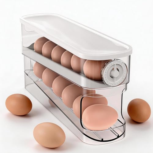 Haiaoxonr Egg Dispenser For Refrigerator Automatic Rolling,Space-Saving Egg roller,Organizer with Timer Freshness, Covered Dispenser Holds 12 Large Eggs, for Refrigerator, Kitchen, Cabinet & Desktop