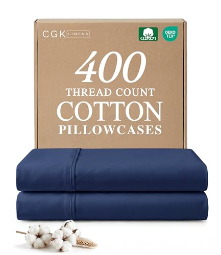 CGK Linens 100% Cotton Pillow Cases Queen - 400 Thread Count - Set of 2, Navy Blue