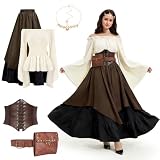 Beeoecm Disfraz Medieval Mujer, Vestido Medieval Mujer Conjunto de Disfraz Vikinga Adult con Corsé, Riñonera y Cinturón, Traje Victoriano para Carnaval Halloween (Marrón, L)