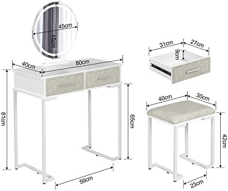 Jooli H Dressing Table with Lights Mirror, White Vanity Makeup Table with Adjustable Brightness Mirror, 2 Large Drawers and Cushioned Stool, 80x40x127cm