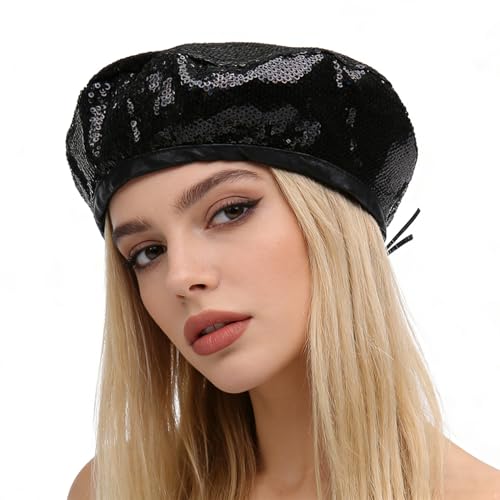 YOOJIA Glitter Sequins Beret Hats Bling French Artist Style Beanie Cap Stretch Beret Hat for Dress Up Party Black B One Size