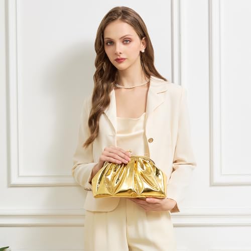 Image of Huralona Dressy Pleated Vegan Leather Clutch Ruched Bag Purse Metallic PU Clutch Cloud Dumpling Bag for Women