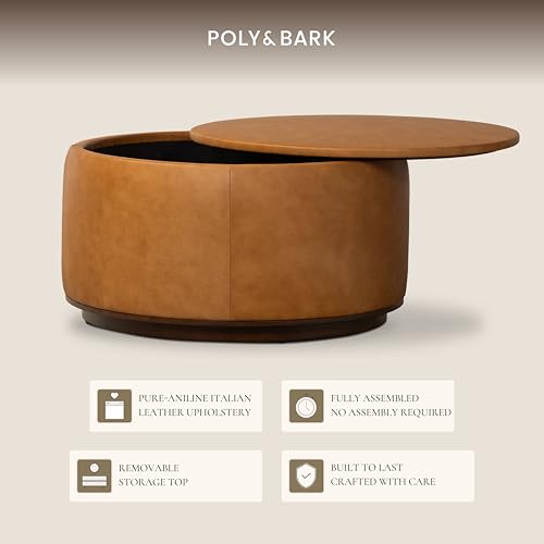 Image of Poly & BARK Herve Storage Ottoman - Round Italian Full-Grain Leather Ottoman with Hidden Storage - Solid Wood Base in Walnut Finish - Cognac Tan