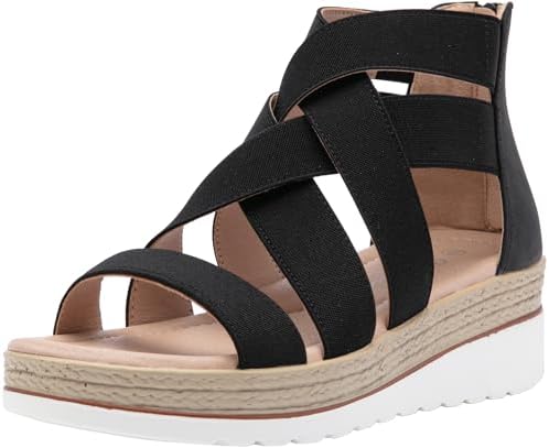 Jeossy Women's Platform Wedge Sandals White Pu Strappy Summer 866 Sandals Dressy with Zipper, Platform Summer Sandals-866-black, 8.5
