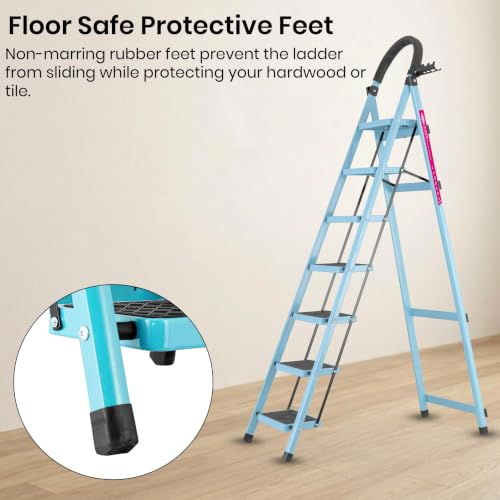 Image of Casa Copenhagen Teal Blue 7 Step Ladder for Home Use with Built-in Tool Tray | Heavy Duty D Shape Rods | Ultra Large Platform | Wide Rubber Feet | 150Kg Capacity Foldable Ladder - 7 Years Warranty