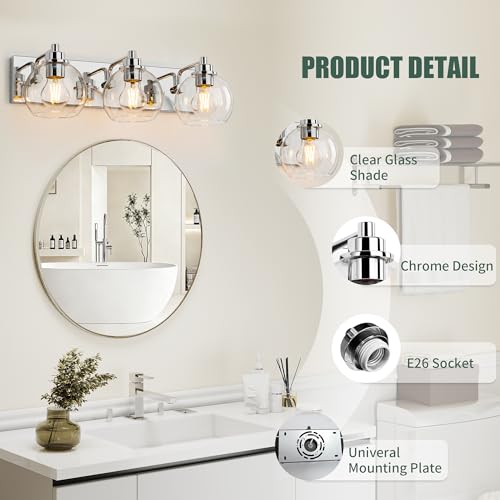 Image of 3 Light Bathroom Light Fixtures-Chrome Bathroom Vanity Lights, Modern Vanity Lights 3-Light Bathroom Lighting Fixtures Over Mirror with Clear Glass Globe Shade