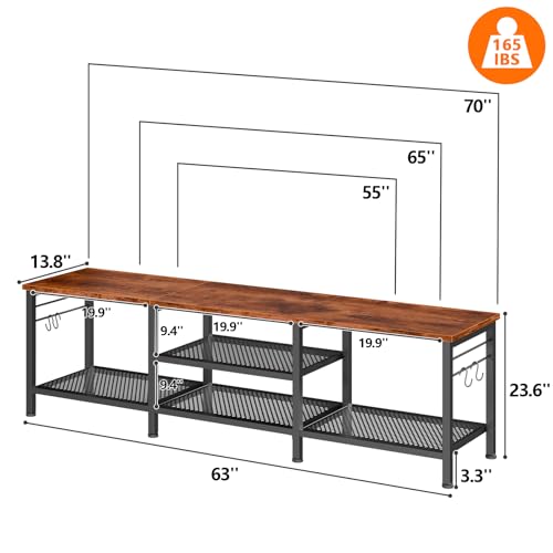 Image of Furologee 63 Inch TV Stand, Entertainment Center with Shelves, Rustic Brown