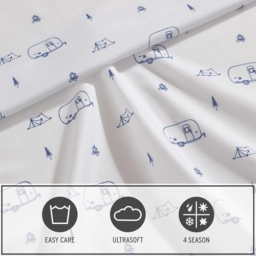 Image of Eddie Bauer Kids - Full Sheets, Stain-Resistant Toddler Bedding with Matching Sham(s), Super Soft, Ideal Boy Room Essentials (Travel Trailer Blue, Full)